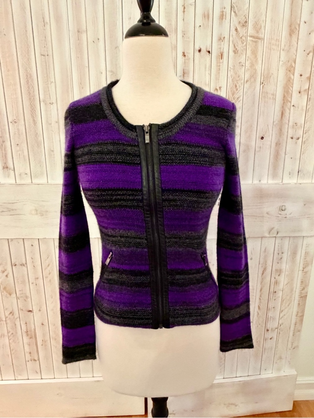 Striped Purple and Black Zip-Front Women's Sweater by Aqua